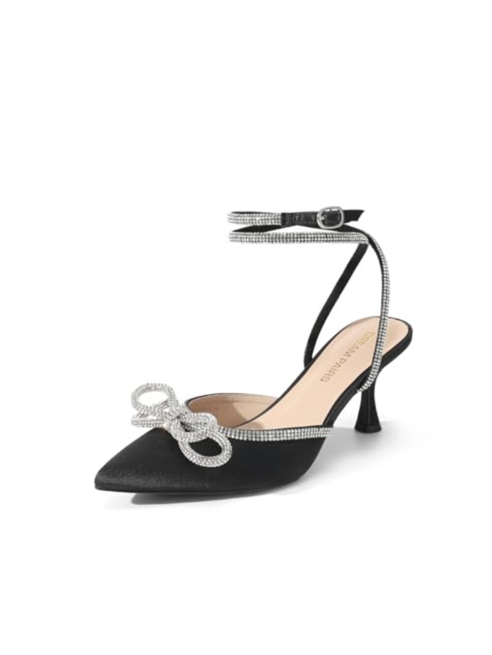 Satin Pointed Toe Kitten Heel Slingback Pumps with Rhinestone Bow